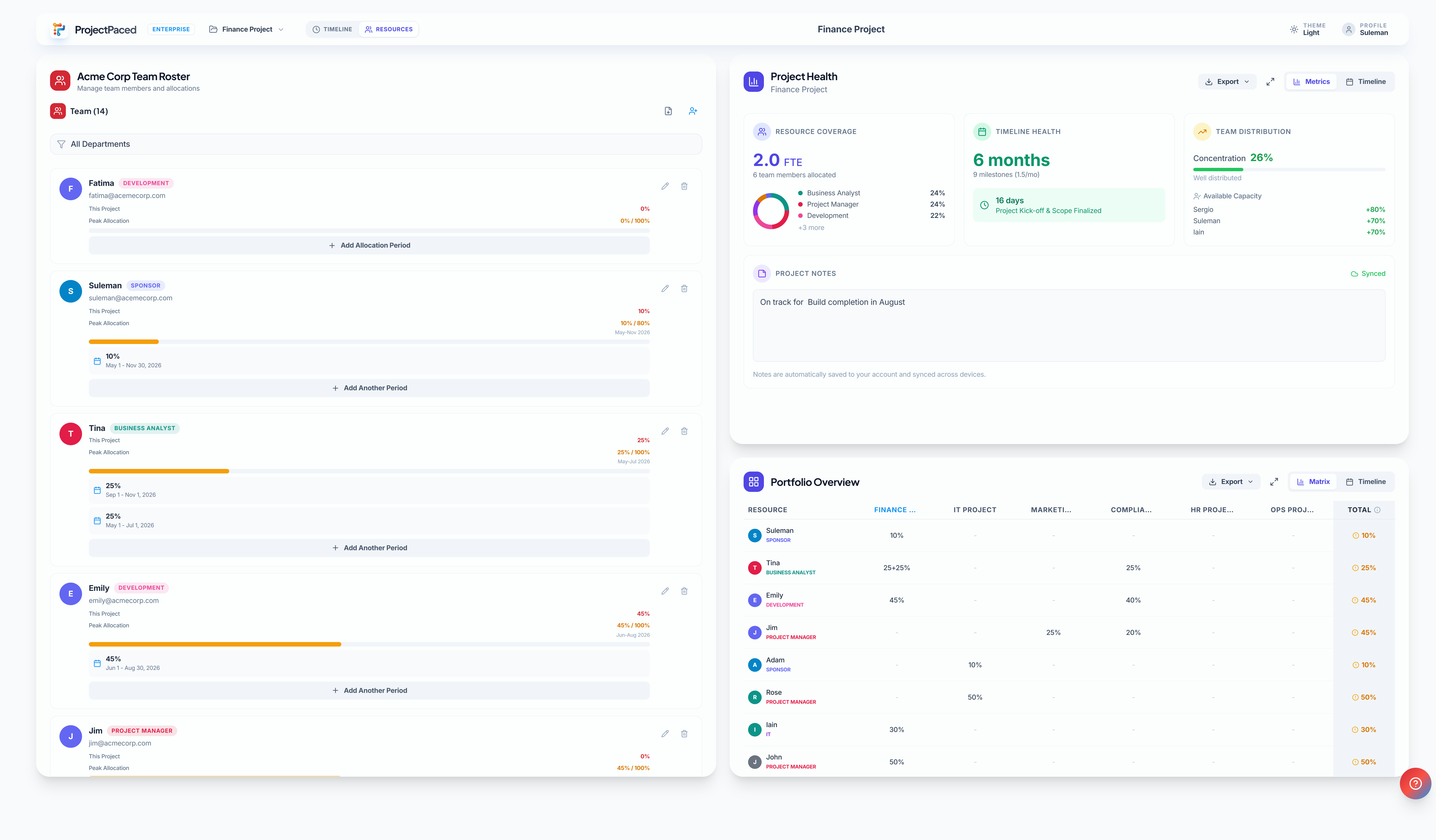 Project Paced Enterprise - Resource allocation, project health dashboard, and portfolio overview